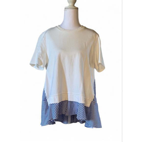 CQ by CQ Tops - CQ by CQ White Tee Blue Stripe Ruffle Hem Top Size Large
